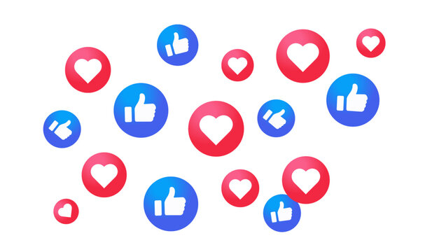 Social media reaction Icons.  Facebook likes set of thumbs and hearts. Facebook like icons. Vector icons. Editorial use only