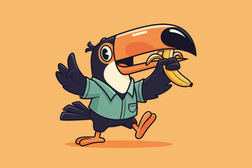 Cute Cartoon Toucan Bird Wearing Shirt Holding Banana in Beak.