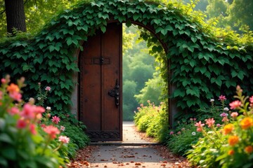 A solitary, overgrown gateway, bursting with blooming vines and flowers. An ornate, slightly rusted metal gateway, completely overtaken by lush, blooming vines and vibrant flowers, creating an