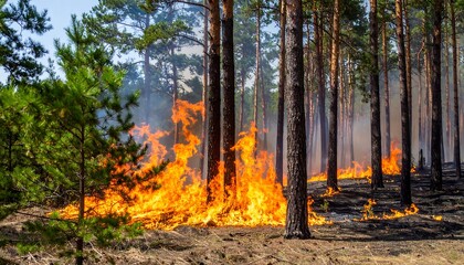 Forest fire raging through pine trees