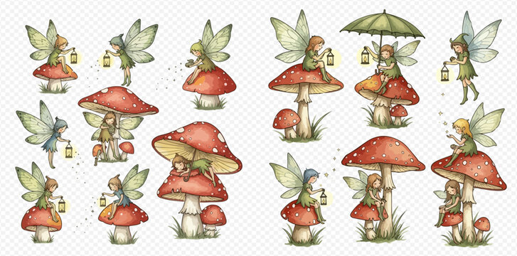 Whimsical watercolor illustrations of cute forest fairies with lanterns sitting and flying around red toadstool mushrooms.