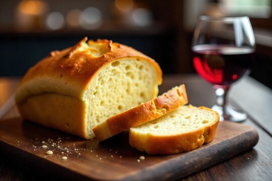 Still life of artisanal bread, cheese, olives, and a glass of red wine on a rustic wooden table, perfect for culinary themes. A rustic still life arrangement on a dark, textured wooden table. A crusty