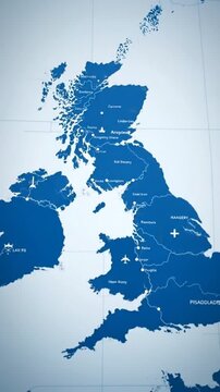 Blue and white map of the UK with place names and icons