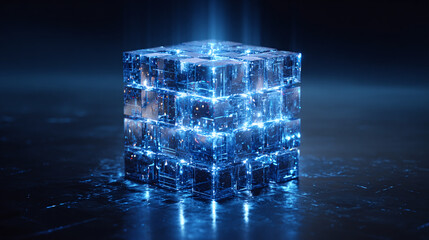 A glowing digital cube with intricate details, exuding an aura of technological innovation and futuristic aesthetics. The cube is emitting a bright light