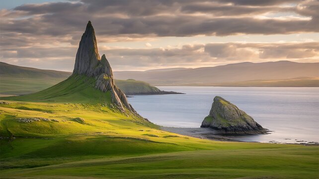 Scenic coastal landscape featuring a dramatic rock formation against a backdrop of mountains and a serene ocean
