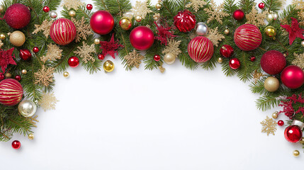 festive christmas garland with red ornaments and gold accents on white