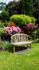 Garden bench amidst vibrant blooms