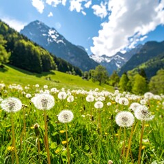 Lush meadow with dandelions, mountains, and blue sky