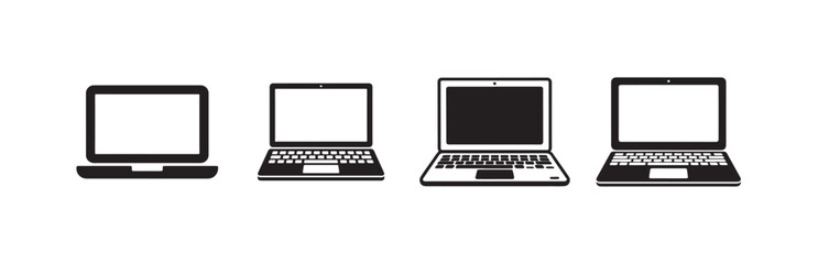Minimalist black and white vector illustrations of laptops, ideal for app icons, website graphics, or presentation slides, Vector illustration EPS 10.
