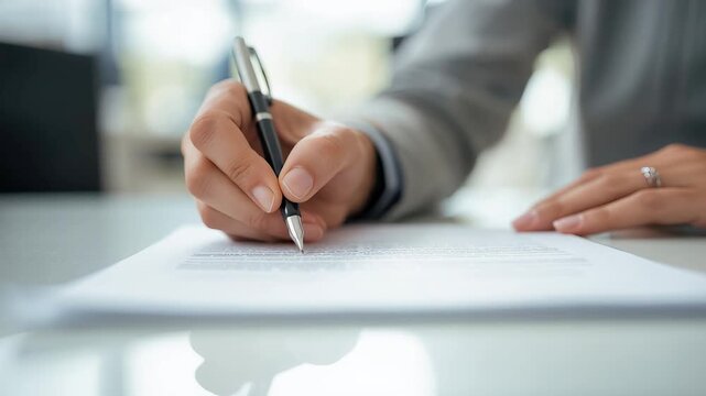 Businessperson Signing Contract with Pen on Paper Document at Office Desk in Natural Daylight