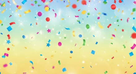 Colorful confetti falling against a gradient sky background