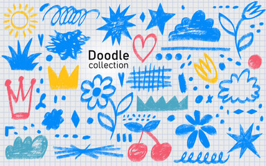 Hand drawn colorful charcoal doodle shapes and squiggles set in childish girly style. Crayon texture vector art with hearts, stars, crowns, flowers, clouds, and playful grunge collage elements.