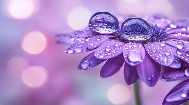 Purple gerbera daisy displaying water droplets on petals, featuring spherical reflections and blurred background lights.