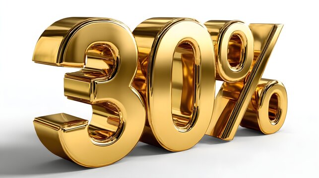 Shiny golden 3D 30 percent symbol on a white background, representing luxury sale, discount or business promotion concept