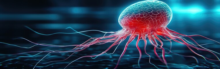 A captivating digital rendering of an illuminated jellyfish, showcasing its intricate patterns and vibrant colors against a dark aquatic background.