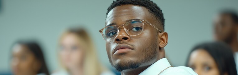 A focused student listening intently during a classroom discussion surrounded by peers in a learning environment.