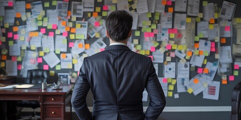 Man in Suit Studying Complex Evidence Board in Office Setting