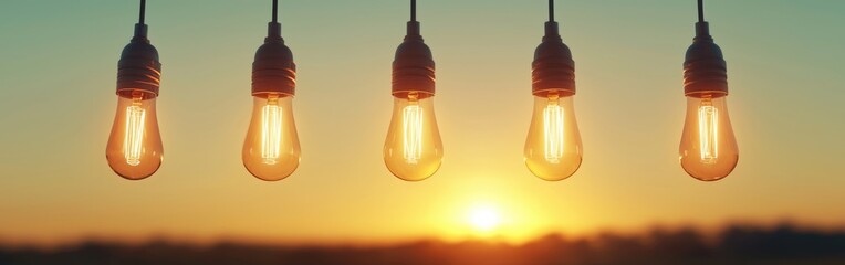 An enchanting sunset illuminated by hanging light bulbs casting a warm glow over a tranquil landscape.