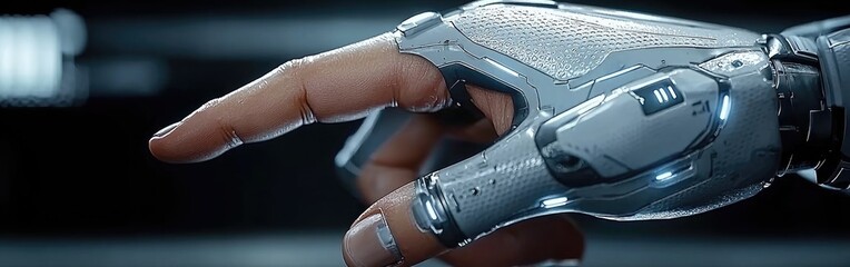 A futuristic robotic hand reaching out with intricate details and advanced technology in a sleek environment.