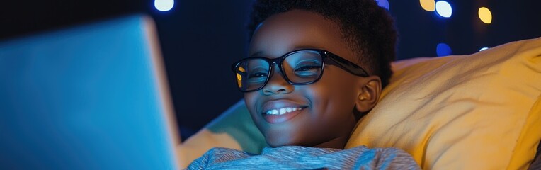 A cheerful young boy enjoying time on his laptop while relaxing in a cozy setting at night with colorful lights in the background.