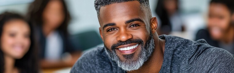 A joyful and confident man with a charming smile sitting in a lively and engaging social setting.