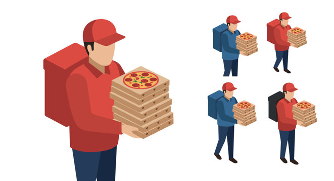 Pizza delivery service concept with isometric courier in uniform carrying stack of pizza boxes