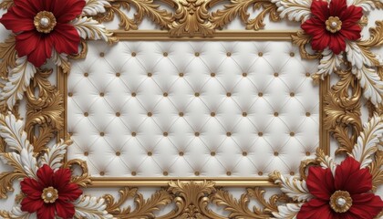 Luxurious ornate gold frame with red flower and white tufted background