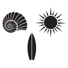 Seashell and Coconut Tree Silhouette Vector Set &mdash; Surfboard and Sun