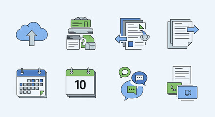 Icons representing cloud storage, servers, documents, calendar, and communication.