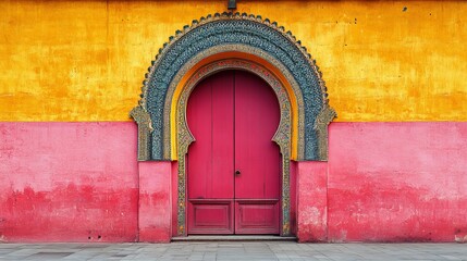 Red wooden doors stand framed by a decorative archway against a vibrant yellow and pink painted wall.