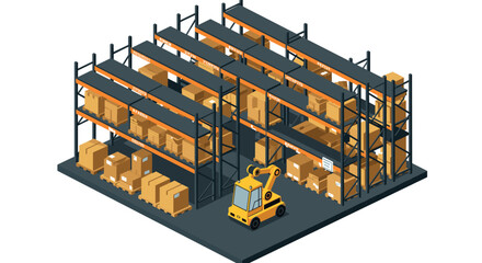 Isometric warehouse interior with forklift and shelves of cardboard boxes