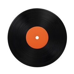 Classic Black Vinyl Record with Vibrant Orange Label Isolated on White Background perfect for website banner, album art,