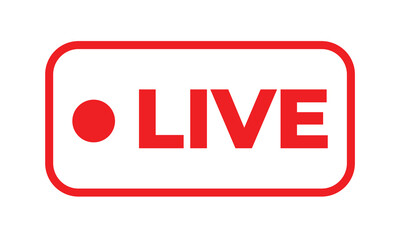 Red live streaming icon with bold text and circular record dot inside a rounded rectangle. Simple flat vector design ideal for broadcast, online streaming, media, recording, and digital interface conc