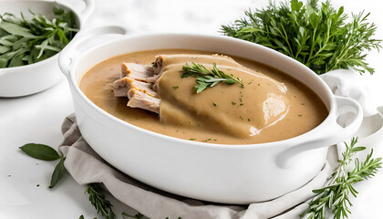 Chicken Soup in White Ceramic Bowl Garnished with Herbs on White Surface