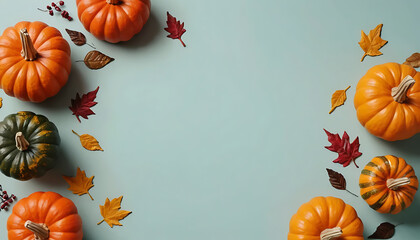 Colorful Pumpkins and Autumn Leaves Arrangement on Light Blue Background