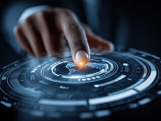 Close-up of a hand interacting with a glowing digital interface shaped like Earth, symbolizing technology, innovation, and the power of global connectivity