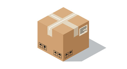 Fototapeta premium Isometric cardboard box with shipping labels and shadow on white background