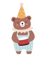 Adorable bear in party hat holding a drum. Perfect for nursery decor, kids birthday cards, scandi style prints, and whimsical children’s illustrations.
