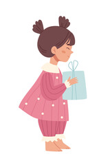 A cute girl in warm pink pajamas holding a wrapped gift, drawn in a cozy Scandinavian minimalist style. 
