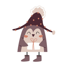 Adorable penguin holding a present in cozy winter hat. Scandinavian minimalist Christmas clipart for cards, kids’ prints, stickers, and festive designs.