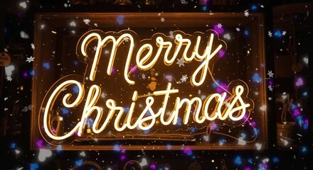 A glowing Merry Christmas neon sign with animated snowflakes and floating hearts, a festive decoration for the holidays. - Powered by Adobe