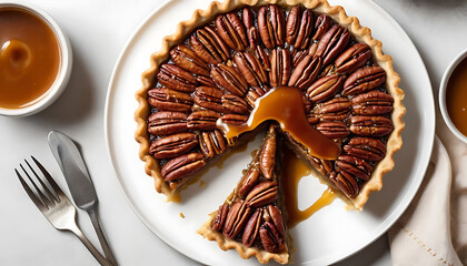 Pecan Pie with Caramel Glaze on White Plate in Elegant Setting