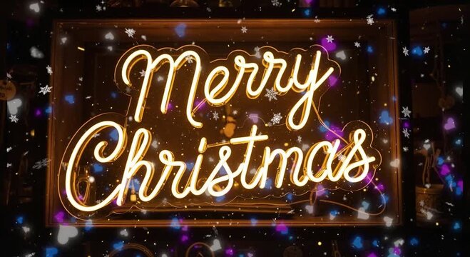 A glowing Merry Christmas neon sign with animated snowflakes and floating hearts, a festive decoration for the holidays.