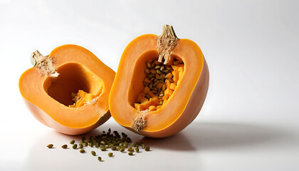 Fresh Orange Pumpkin Cut in Half with Seeds on White Background