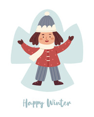 Joyful girl in winter clothes with "Happy Winter" lettering. Scandinavian minimalist seasonal clipart perfect for cards, posters, nursery prints, and cozy holiday designs.