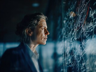 Focused professional studying complex equations on a glass wall, symbolizing intelligence, innovation, and the analytical pursuit of scientific discovery