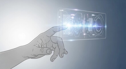 Hand touching futuristic digital interface with glowing blue light