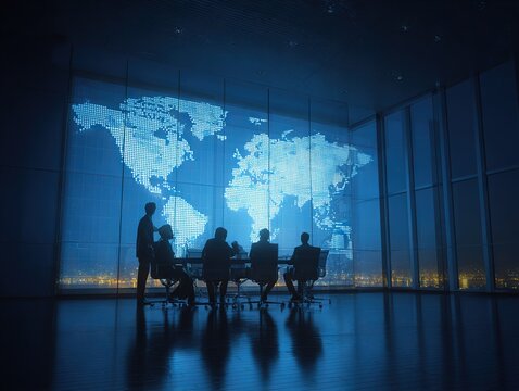 Silhouetted business team in a modern boardroom before a glowing world map, symbolizing global strategy, innovation, and international collaboration
