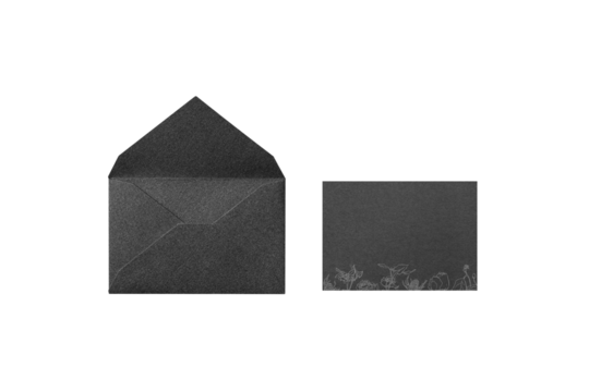 Overhead shot of a black card with a line-drawn flower illustration, placed next to the opened back side of a black envelope - Powered by Adobe