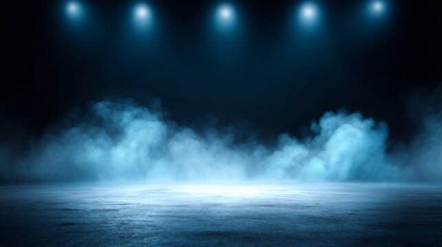 Bright lights illuminate a dark arena, casting dramatic shadows over swirling smoke. The stage is set for a thrilling event, filled with anticipation and energy. The scene promises excitement